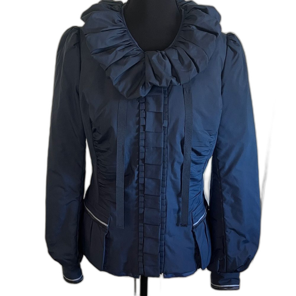 Elie Tahari Navy Blue Down Puffer Jacket Ruffled Collar